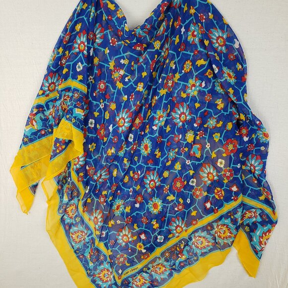 HERMES Shawl Scarf Pareo 100% Cotton Lightweight Blue Yellow Red Persian Motif - Picture 9 of 14